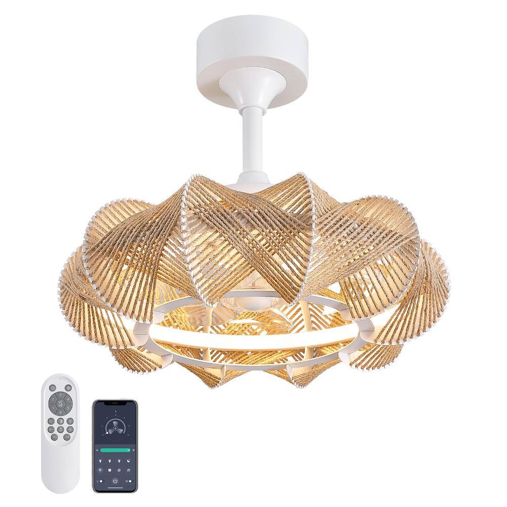 "20"" White Boho Woven Ceiling Fan Light with Remote & APP Control, Enclosed Caged Low Profile Fandelier with Dimmable LED" price history on PriceWatchPro