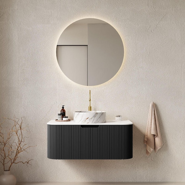 36 in. Single Sink Wall Mounted Black Bath Vanity with White Stone Top and Drawer Storage Cabinet Assembled