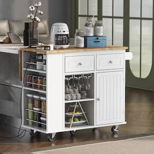 White Wood 39.8 in. Kitchen Island with Open Storage Wine Rack, 5 Wheels, Power Outlet, Extensible Tabletop