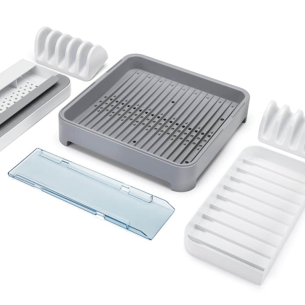 White and Gray Foldable Plastic Countertop Dish Rack with Utensil Cup