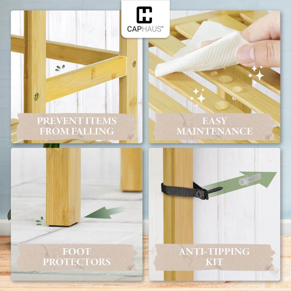 63.7 in Tall Natural Bamboo Adjustable 6-Shelf Bookcase