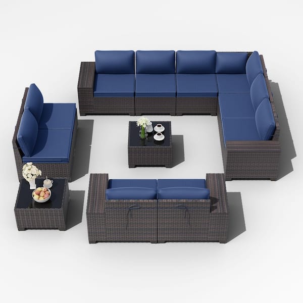12-Piece Brown Wicker Outdoor Sectional Set with Glass Coffee Table and Navy Blue Cushions, Patio Chat