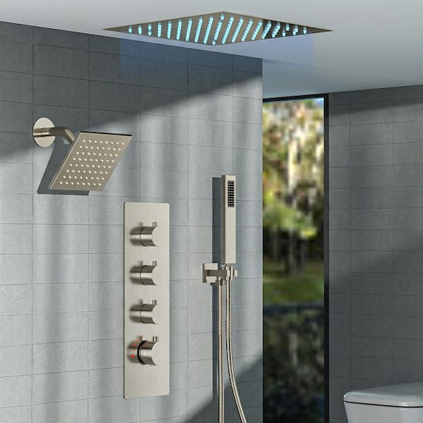 12 in. LED 7-Spray Shower System with Hand Shower and Pressure Balance Valve in Brushed Nickel