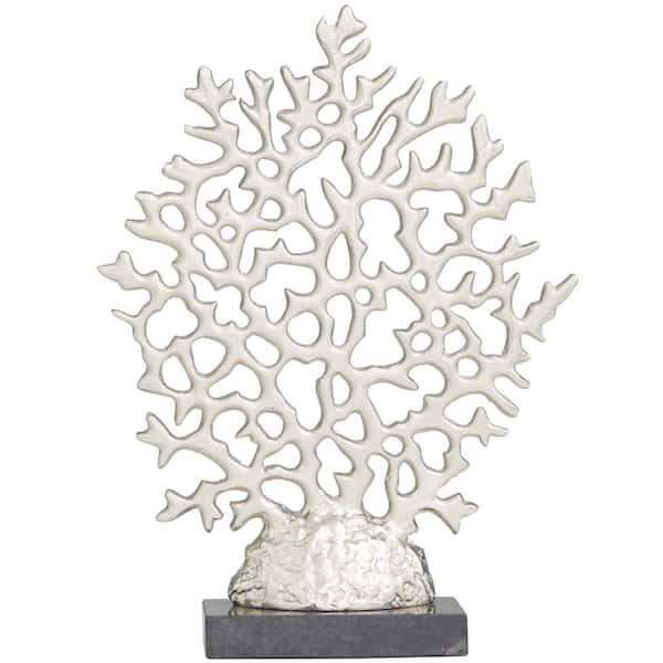Litton Lane 3 in. x 16 in. Silver Aluminum Coral Sculpture with Marble Base