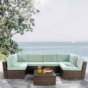 Brown 7-Piece Wicker Patio Conversation Set with Teal Blue Cushions