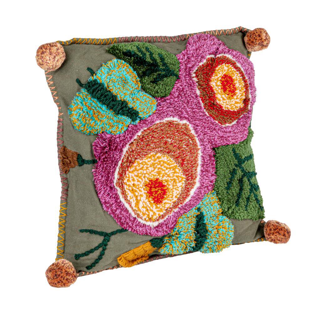 Embroidered Multicolor Floral Cotton Square Throw Pillows Set