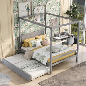 79.50 in. W Gray Full Size Canopy Platform Bed with Trundle with Slat Support Leg