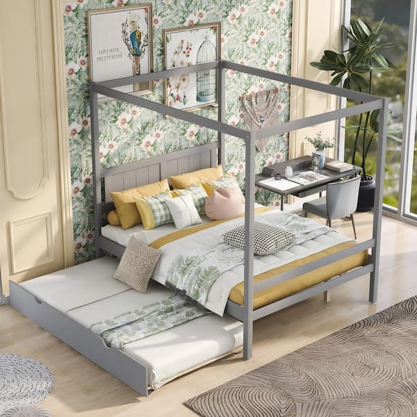 GOJANE 79.50 in. W Gray Full Size Canopy Platform Bed with Trundle with Slat Support Leg