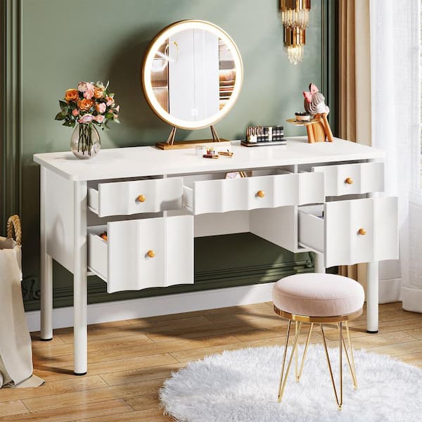Helotes 1-Piece White Makeup Vanity Table with 5 Drawers for Women Girls