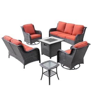 Daydreamer Brown 6-Piece Wicker Patio Fire Pit Set with Orange Red Cushions and Swivel Rocking Chairs