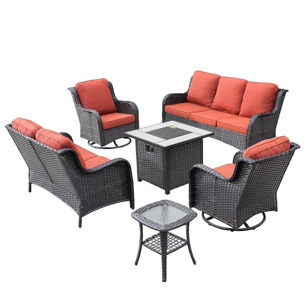 XIZZI Daydreamer Brown 6-Piece Wicker Patio Fire Pit Set with Orange Red Cushions and Swivel Rocking Chairs
