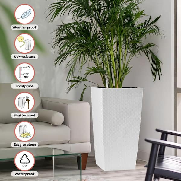 Unbranded 30 in Tall Large Plastic Square Planter with Self-Watering  Drainage Holes and Inner Trays Indoor Outdoor Plant Pot-White L-1995626