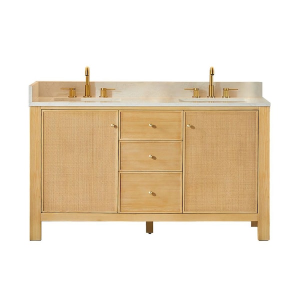 Cedar 60 in. Double Freestanding Natural Wood Bath Vanity with Grain White Engineered Stone Top Assembled