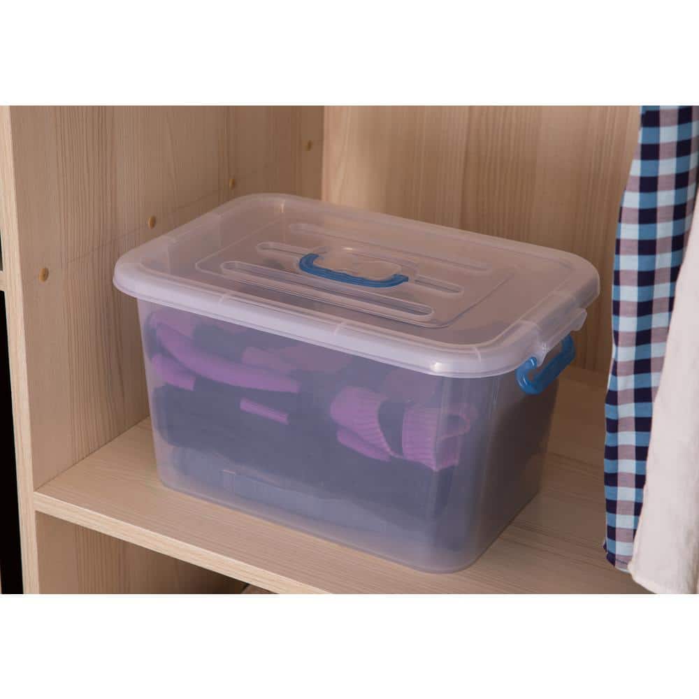 Large Clear Plastic Stackable Storage Box with Blue Handles