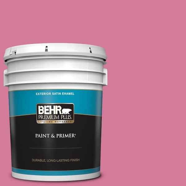 BEHR PREMIUM PLUS 5 gal. #P130-5 Little Bow Pink Satin Enamel Exterior Paint & Primer