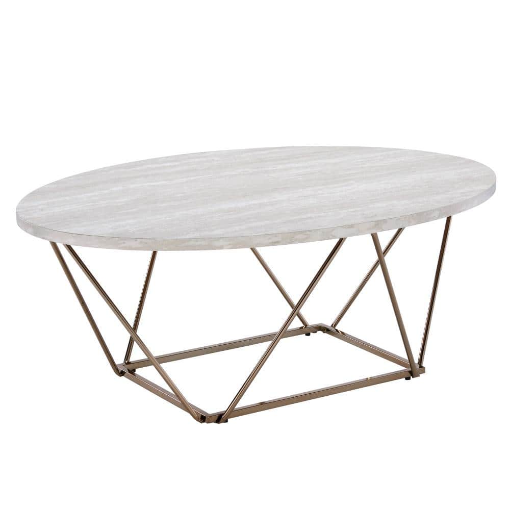 Champagne Gold and White Oval Coffee Table with Faux Marble Top