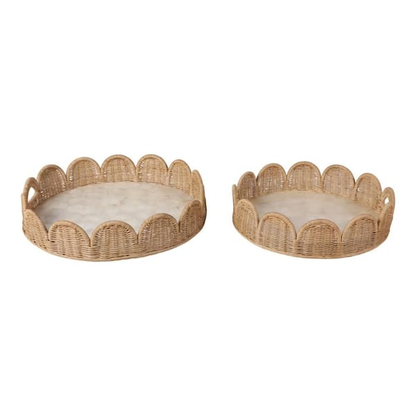 Ivory/Tan 19.5 in. and 23.5 in. Round Wicker Trays with Scallop Edge (Set of 2)