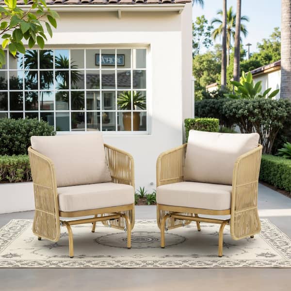 Buenaola Nyajiah Yellow Patio Glider Wicker Outdoor Rocking Chair Rope Furniture Set with Thick Beige Cushions (2-Pack)