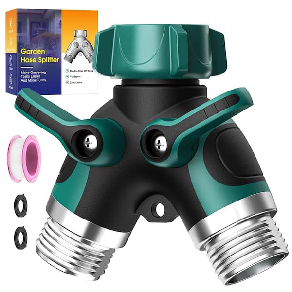 Heavy-Duty Zinc 3/4" GHT 2-Way Y Hose Splitter, Green Handles, Washers & Teflon Tape