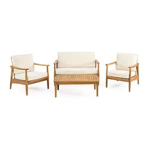 Willowbrook Teak Brown 4-Piece Wood Outdoor Patio Conversation Set with Beige Cushions