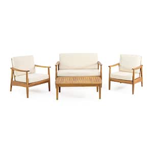 Willowbrook Teak Brown 4-Piece Wood Patio Conversation Set with Beige Cushions