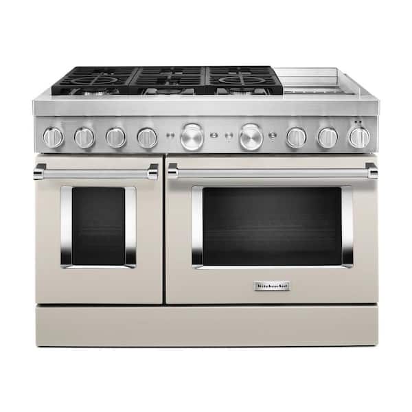 KitchenAid 48 in. 6.3 cu. ft. Smart Double Oven Dual Fuel Range with True Convection in Milkshake with Griddle