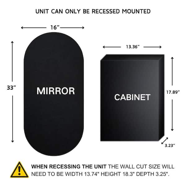 TEHOME 16-in x 33-in Recessed Mount Matt Black Mirrored Oval Medicine Cabinet