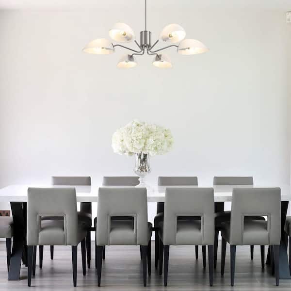 6-Light Nickel Hanging Linear Island Chandelier Lighting Fixture with Glass Shade for Kitchen Island