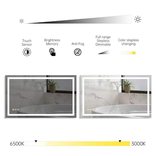 60 in. W x 36 in. H Rectangular Frameless Anti-Fog Wall Mounted LED Light Bathroom Vanity Mirror in Silver