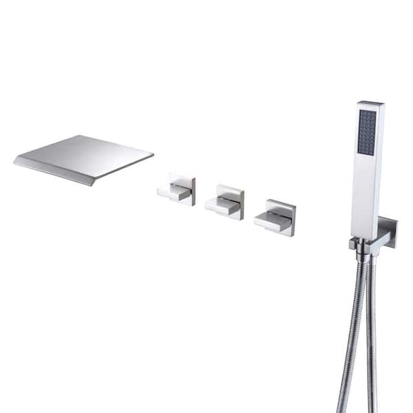 SUMERAIN Modern 3-Handle Wall Mounted Roman Tub Faucet with Hand Shower and Waterfall Spout in Brushed Nickel