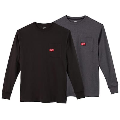 Men's 2X-Large Black and Gray Heavy-Duty Cotton/Polyester Long-Sleeve Pocket T-Shirt (2-Pack)