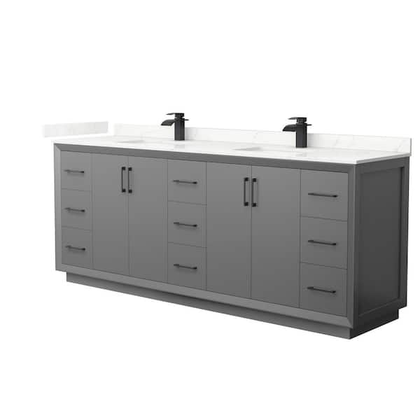 Wyndham Collection Strada 84 in. W x 22 in. D x 35 in. H Double Bath Vanity in Dark Gray with Giotto Quartz Top