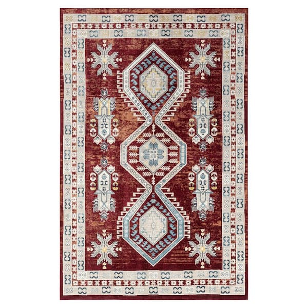 Treasure Saul Red/Navy Blue 5 ft. x 7 ft. Border Machine Washable Area Rug