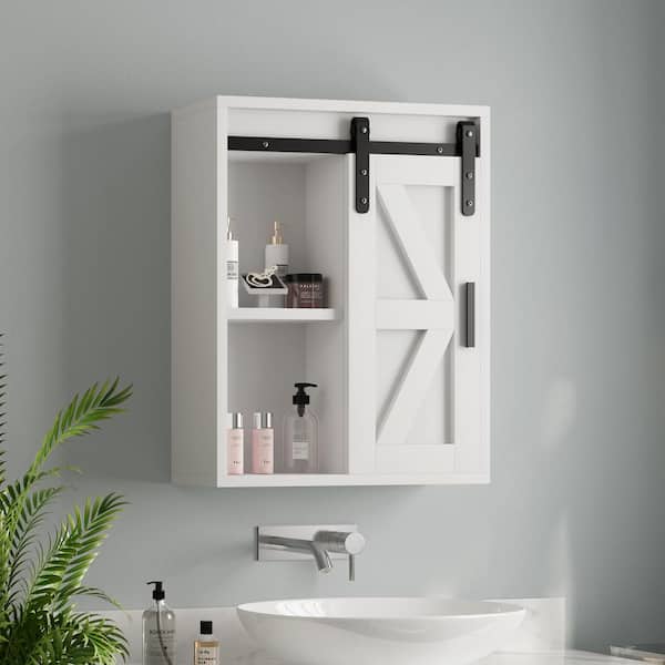 FAMYYT 21.7 in. W x 27.6 in. H Rectangular White Sliding Door Surface Mount Medicine Cabinet without Mirror