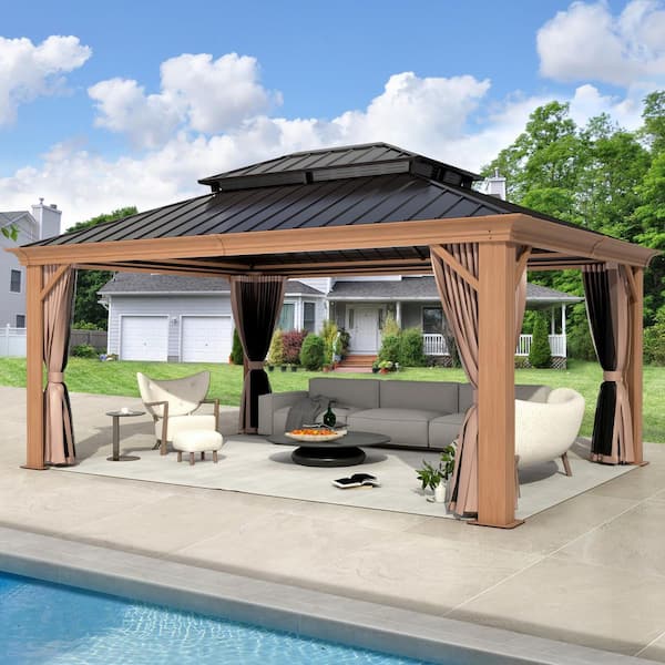 COVERONICS 12 ft. x 16 ft. Patio Aluminum Drainage Hardtop Gazebo, Double Roof Gazebos with Curtains and Netting for Backyard