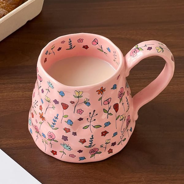 Numhew 20 oz. Pink Ceramic Summer Floral Irregular Oversized Coffee Mug with Handmade Big Handle for Daily Drinks (Set of 1)