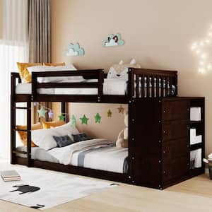 Espresso Floor Bunk Bed Frame with 4 Drawers and 3 Shelves, Twin Over Twin Wood Bunk Bed For Kids, Girls, Boys, Teens