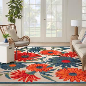 Aloha Ivory Multicolor 10 ft. x 14 ft. Floral Contemporary Indoor/Outdoor Area Rug
