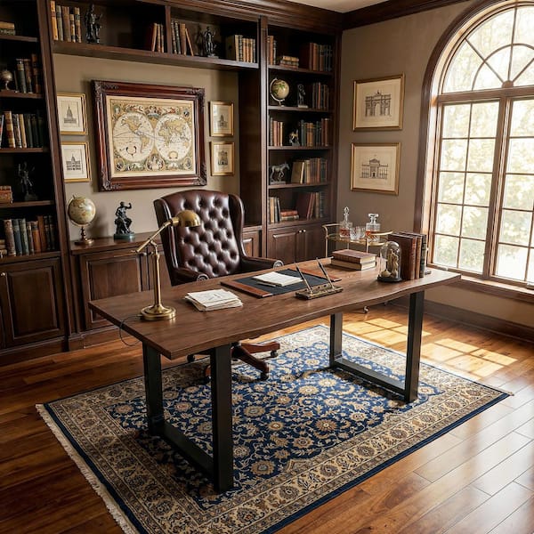 63 in. W Rectangle Walnut and Black Solid Red Oak No-Drawer Writing Desk, Computer Desk, Dining Table with Metal Base