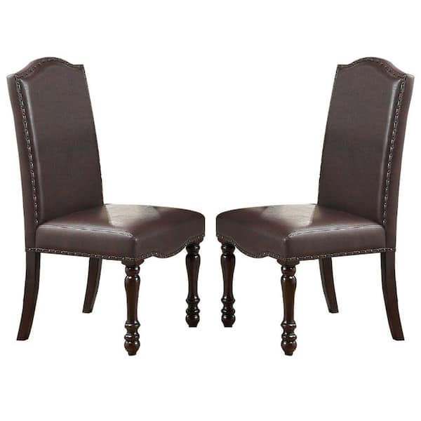 Benjara Brown Vegan Faux Leather Nailhead Trim Dining Chair (Set of 2)