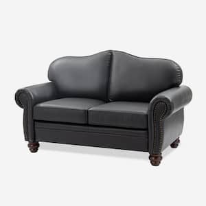 Rafael 60 in. Wide Rolled Arm Genuine Leather Rectangle Nailhead Trims Sofa in. Black