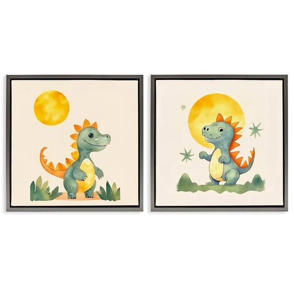 Stupell Industries Happy Dinos and Moon by Andrea Haase 2 Pieces Gray Floater Frame Animal Graphic Art Print 25 in. x 25 in.