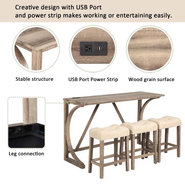 Brown 4-Piece Bar Table Set with Power Outlet Counter Height