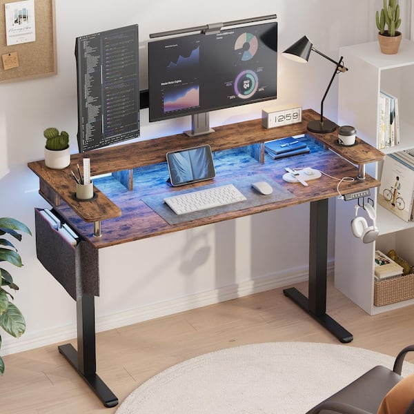 58 in. Rectangular Rustic Brown Wood Sit to Stand Desk with Monitor Stand and Cup Holder