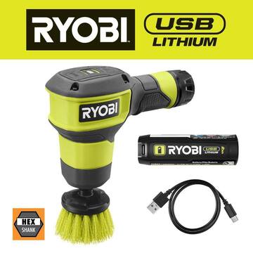 USB Lithium Compact Scrubber Kit with 2.0 Ah Battery, USB Charging Cord, and 2 in. Medium Bristle Brush