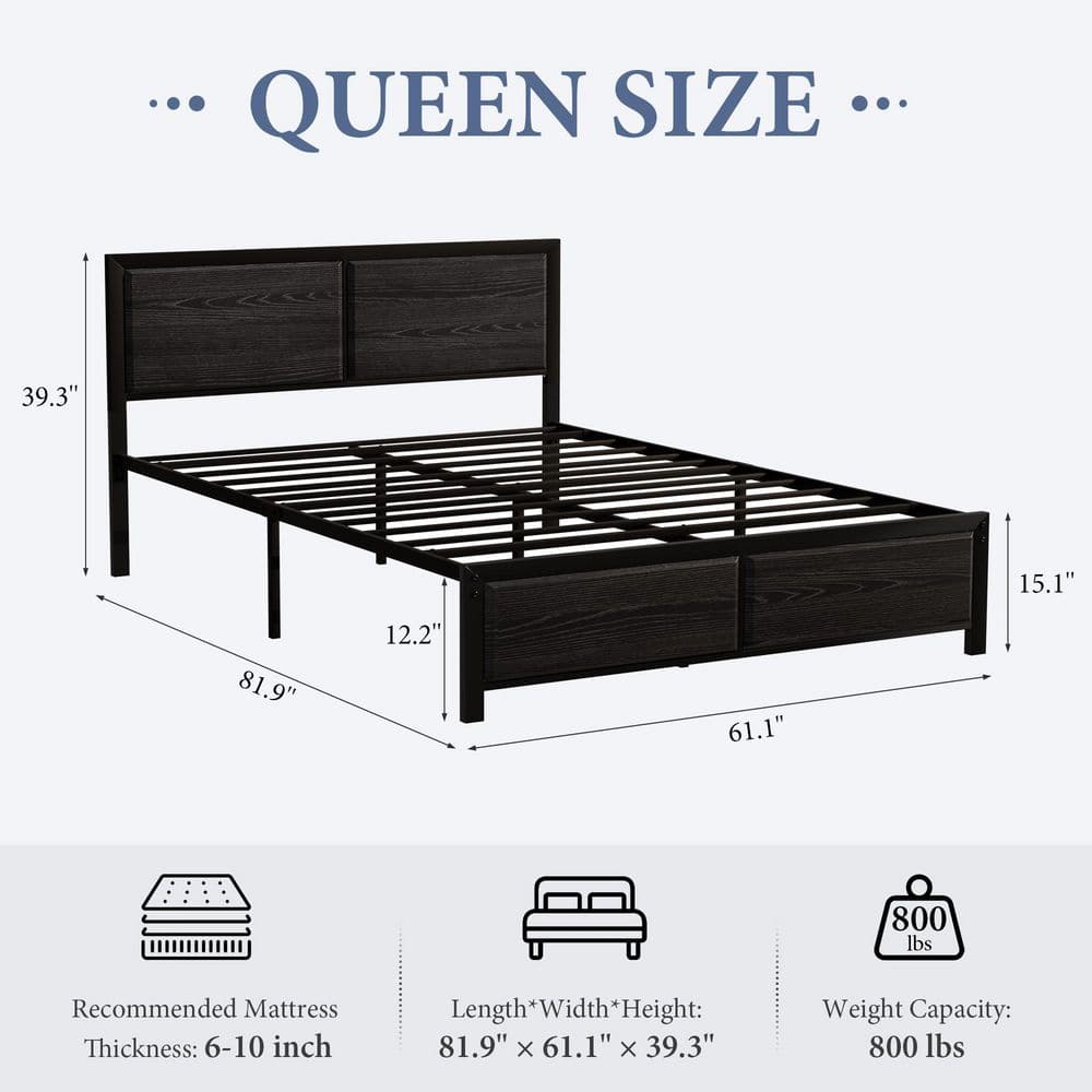 Metal Bed Frame Black Metal Frame Full Size Platform Bed with Rustic Country Style Wooden Headboard and Footboard - thumbnail 9