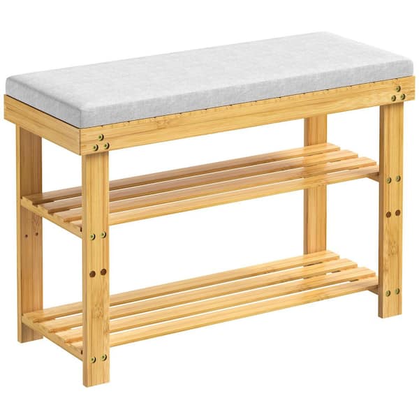 Tileon 3-Tier Kitchen Pantry with Cushion and Adjustable Shelves, Bamboo Shoe Bench for Hallway Entryway and Living Room, Khaki