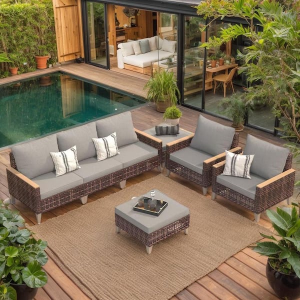 Oyezvary 7-Piece Modern Wicker Patio Conversation Set, High Leg Design and Wooden Armrests with Gray Removable Washable Cushions