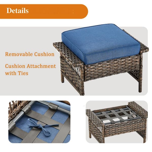 Brown Wicker Outdoor Ottoman with Blue Cushions (2-Pack)
