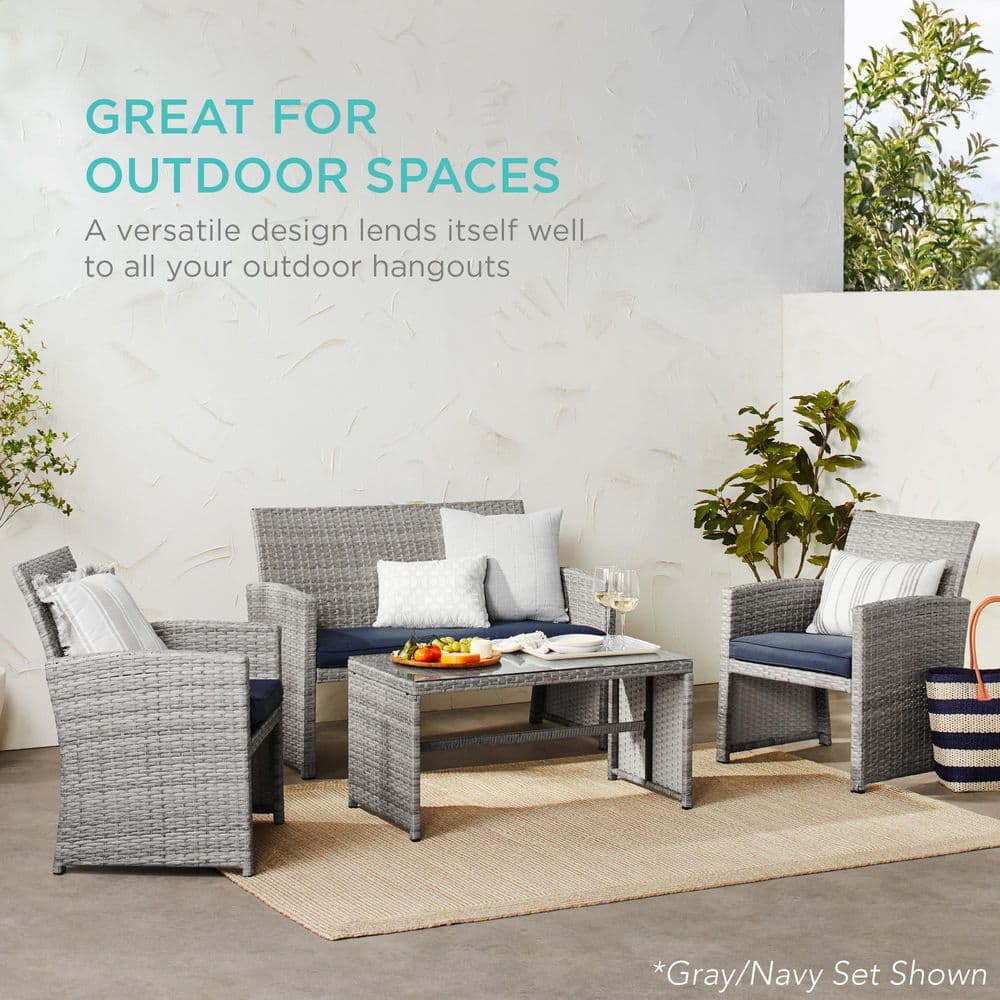 Natural Wicker 4-Piece Patio Conversation Set with Cement Gray Cushions
